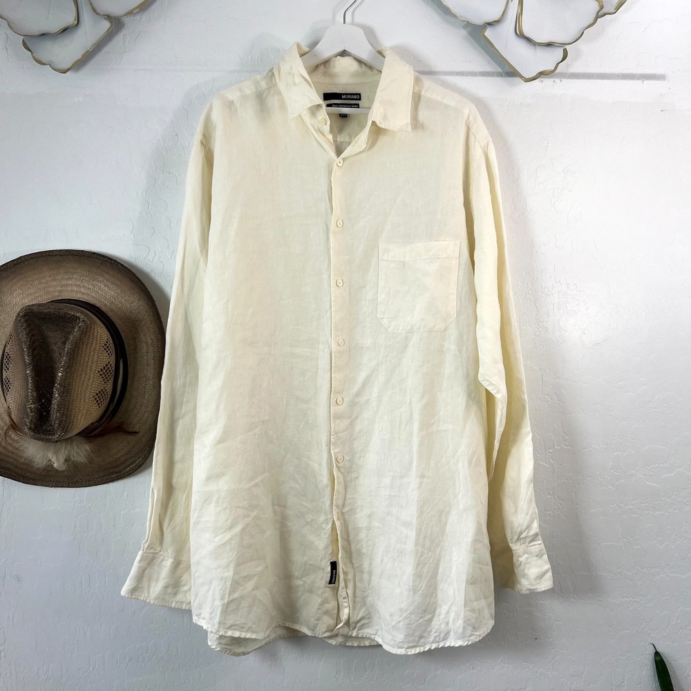 MURANO Mens 2XT Shirt 100% Fine European Linen Long Sleeve Light Yellow Big Tall